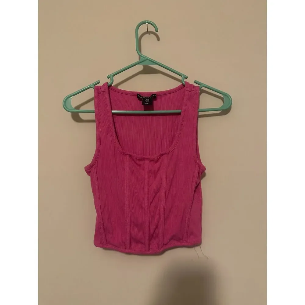 Sincerely Jules Hot Pink Corset Ribbed Tank Top Crop Scoop Neck Faux Boning Sz S